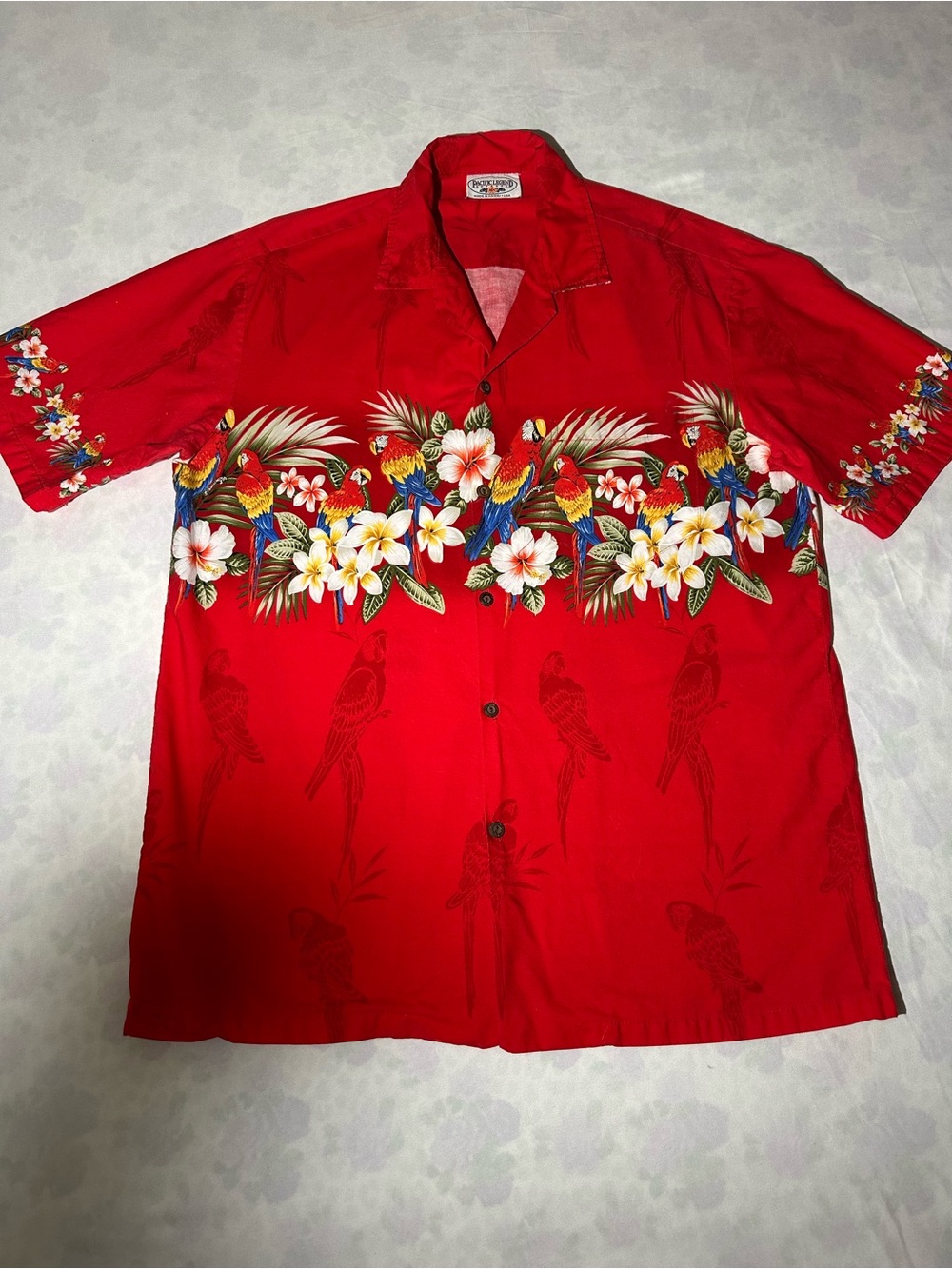 Pacific Legend Hawaiian Shirt Mens Large Red Parrot Tropical Made in Hawaii USA
